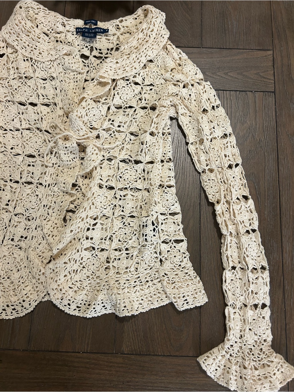 Ralph Lauren Cream Crochet Ruffle-Front Cardigan - Picture 4 of 7